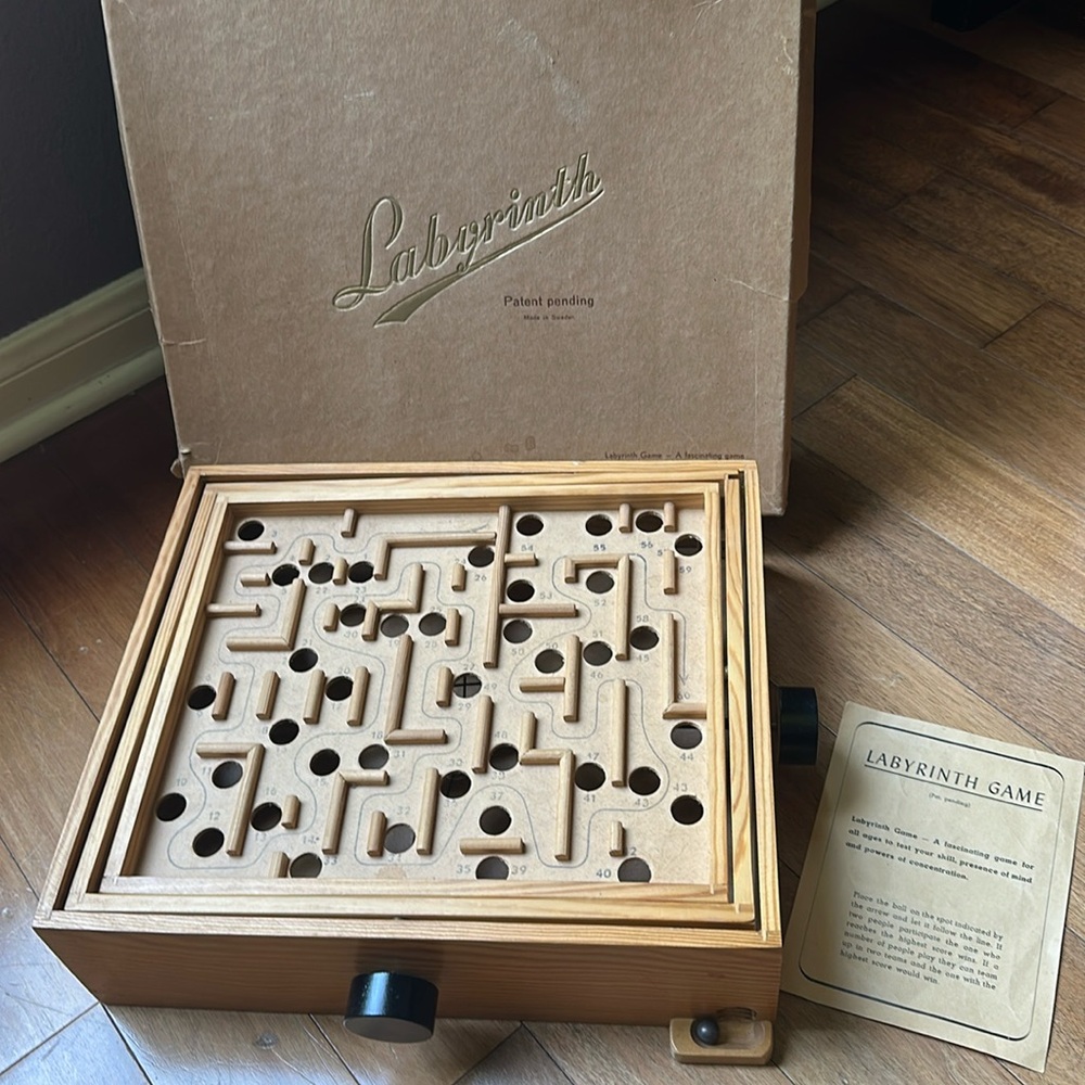 Vintage 1950 Brio wooden Labyrinth game with original ball, box & instructions